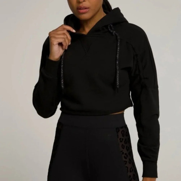 GOOD AMERICAN Ruched Crop Black Hoodie size 2/ medium - Picture 1 of 11